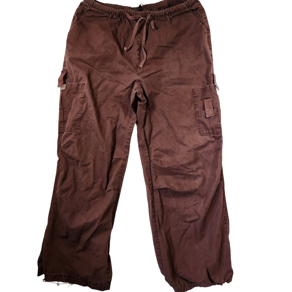 NVFelix Brown Cotton Cargo Pants Elastic Drawstring Waist Large